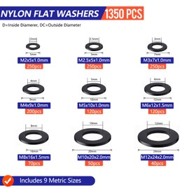 1350 Pcs Nylon Flat Washers Assortment Kit, Black Nylon Washers for Screws and Bolts (M2, M2.5, M3, M4, M5, M6, M8, M10, M12)