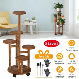 5-Tier Wooden Plant Stand with 4 Detachable Wheels Rolling Indoor Outdoor Decoration Shelf for Plant Display RackColor: Yellow Color