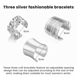 NovaCharm 3 Silver Upper Bangles - Chunky Cuff Bracelets in Minimalist Design, Adjustable & Durable, Punk Jewellery Set for Women