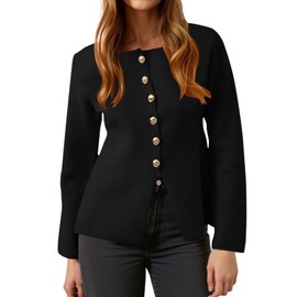 Cicy Bell Womens Button Up Cardigan Sweaters Lightweight Long Sleeve Knit Tops Business Casual Round Neck Fitted Jacket Black