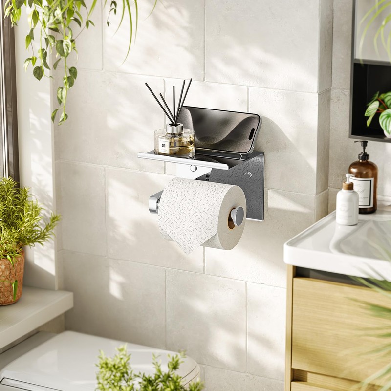 Tindbea Toilet Paper Holder with Phone Shelf, Adhesive or Screw