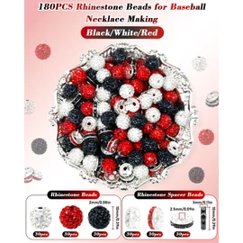 180PCS FIVEIZERO Rhinestone Beads for Baseball Necklace Bracelets Jewelry Making, 10mm Sparkly Round Crystal Clay Beads Rhinestone Spacer for Bracelets and DIY Crafts(Black White Red)