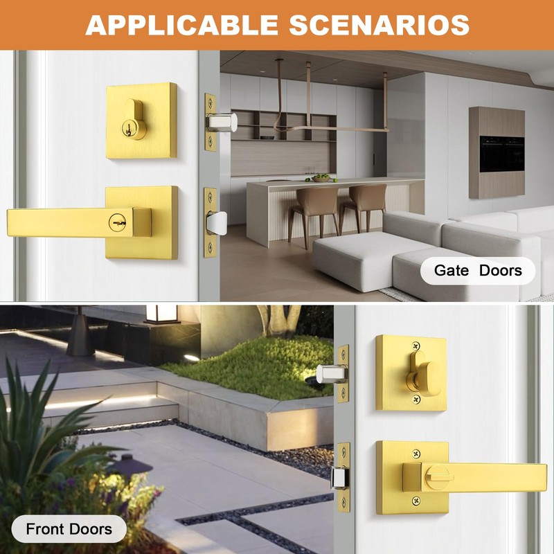 Probrico Brushed Gold Exterior Door Locksets, Heavy Duty Square Keyed