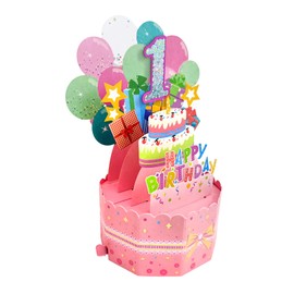 1 Year 3D Pop Up Birthday Card, Pink Greeting Card with Envelope, Girls Greeting Cards Birthday Card for 1st Baby Shower, Baby Shower Party