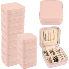 12Pcs Organizadora de Joyero de Viaje, 10x10cm - Caja de Joyero Pequeño, Organizador de Joyas de cuero PU para Anillos, Pendientes, Collares y Reloj(Rosa sakura)