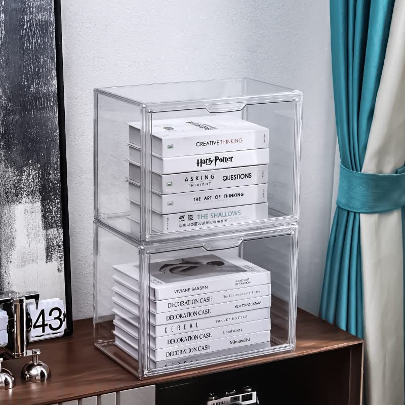 BOHOIDEE 2PACKS Clear Book Storage Organizer for Bookshelf, Plastic Stackable
