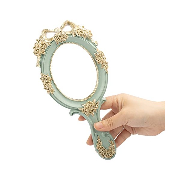 Rich Boxer Vintage Handheld Mirror Embossed Flower Hand Held Mirror Makeup Mirror Vanity Mirror Decorative Cute Hand Mirror (Green)