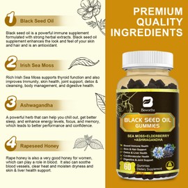 B BEWORTHS Black Seed Oil & Sea Moss Gummies | Black Cumin Seed Gummy with Ashwagandha, Irish Sea Moss, Elderberry, Turmeric, Vitamin D3, C, Zinc - Support Immunity, Joints, Digestion, Hair Growth