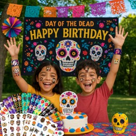 Cherisnowy 72PCS Day of the Dead Party Set | 48PCS Temporary Tattoos & 24PCS Slap Bracelets Fun Día de los Muertos Birthday Supplies, Baby Shower Gifts, Classroom Rewards & Party Decor for Kids