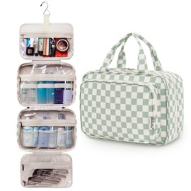 Narwey Women's Toiletry Bag for Hanging Wash Bag Cosmetic Bag Large Wash Bag Cosmetic Organiser for Women Girls, Mint Green Chessboard (Large)