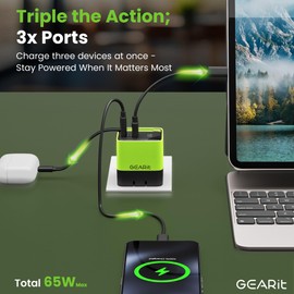 GEARit 65W USB-C Charger with Retractable 31.5" Cable - GaN Charging Block with Dual USB A & C Ports for iPhone 16/15, MacBook Pro/Air, iPad Pro, Samsung S25 Ultra - Power Display & Foldable Plugs