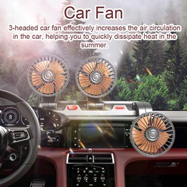 ERYUE Electric fan, 3 Heads Car Fan Portable Air Cooling Fan Silent Electric Fan 360° Rotation with 2 Wind Speed Phone Number Display for Car Truck SUV RV Marine Boat