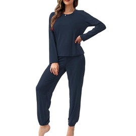 MAIABLEAU Womens Pajama Sets Cotton Pj Set Long Sleeve Top with Long Pants Sleepwear 2 Piece Lounge Set Navy Blue XL