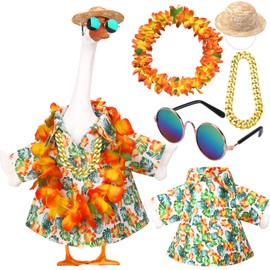 5Pcs Porch Goose Outfits Summer Hawaiian 23" Yard Garden Lawn Goose Clothes with Wreath Straw Hat Glasses Necklace Funny Porch Goose costume Set for 23" Plastic Cement Goose Statue Outdoor Decoration