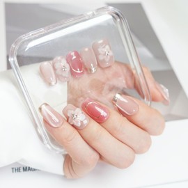 PERILLA 10PCS Handmade Press On False Nails Short Square-3D Flowers Pink Cat Eyes Design Nails with Nail Glue, Natural Reusable Stick on Acrylic Nails (1, Large)