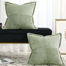 Volcanics Corduroy Decorative Throw Pillow Covers 18x18 Inch Set of 2 Soft Patchwork Textured Striped Square Cushion Cases, Rustic Farmhouse Boho Home Decor for Couch Bed Sofa Living Room, Sage Green
