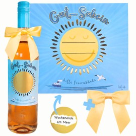 Flaschenetikett mit Rubbelgutschein inkl. Goldschleife für Weinflasche/Sektflasche – hochwertiges Geschenk – kreative Geschenkidee, personalisierbar, Überraschung, selbstgestalten, Goldlack (Sonne)