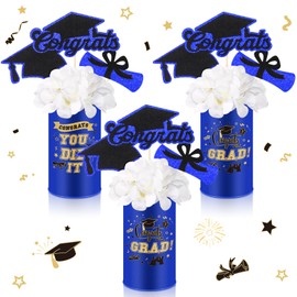 Domensi 3 Sets Graduation Table Centerpiece Decorations Class of 2025 Includes 3 Silk Artificial Flower 9 Congrats Grad Sticks Picks Toppers 3 Metal Vases for Home Party Supplies Gifts(Blue)