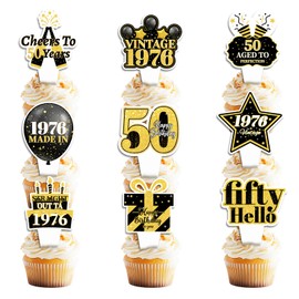 36PCS 50th Birthday Cupcake Toppers, Black Gold Fifty Hello 50 Straight Outta 1976 Cupcake Picks 50 Fabulous Cheers to 50 Years, 50th Birthday Party Decorations