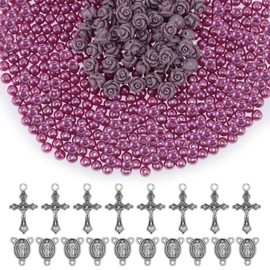 610Pcs Rosary Jewelry Making Kit, Rosary Pearl Beads Carved Rose Beads Rosary Cross Centerpiece Crucifix Medal, Rosary Prayer Making Supplies First Communion Necklace Bracelet Jewelry Making (Purple)