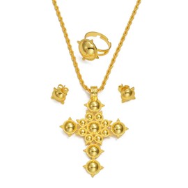 ETH-JE-G Ethiopian Jewelry for Women Set Ethiopian Traditional Jewelry Eritrean Jewelry Ethiopian Cross Necklace Earrings Rings African Party Jewelry Set Women Accessories (Gold Rope)