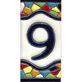 TORO DEL ORO House numbers. Numbers and letters on tile. Enamelled ceramic. Hand-painted technical dry rope. Names and addresses. Medium mosaic design. 5.5 x 10.5 cm (number nine "9")