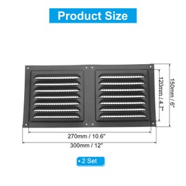 PATIKIL 12"x6" Stainless Steel Gable Vent, 2pcs Exterior Wall Outlet Vent Cover HVAC Air Grille Louvered Screen Mesh for Kitchen Bathroom Ventilation, Black