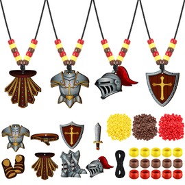 Memorywuu 24 Sets Armor of God Necklace Craft Kit DIY Religious Christian Medieval Necklace Wooden Pendants Beads Elastic Cord Armor of God Decor for Vbs Sunday School Supplies Bible