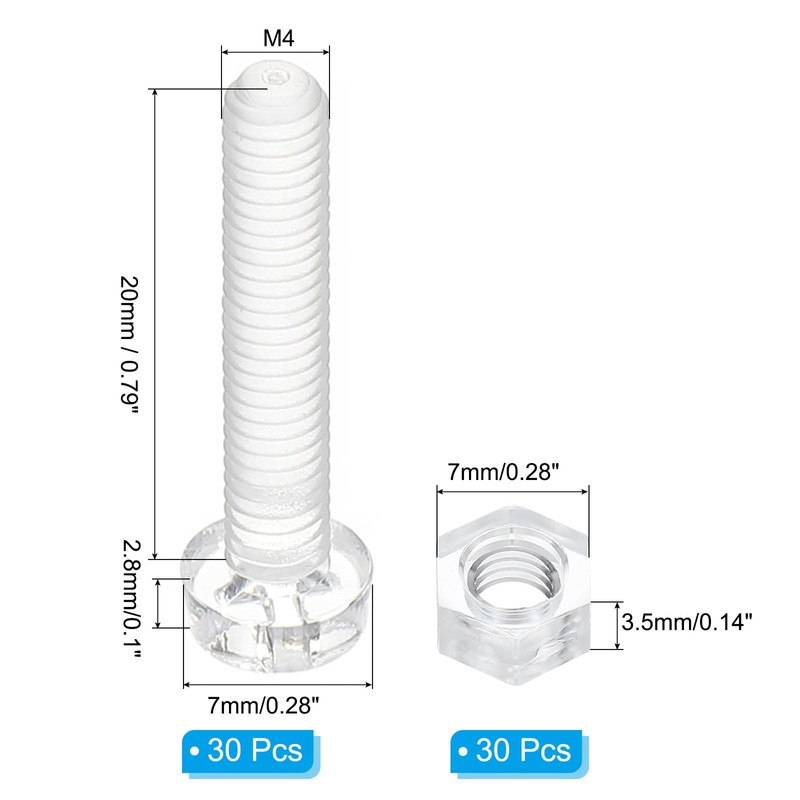 PATIKIL M4x20mm Clear Acrylic Screws and Hex Nuts Kit, 30