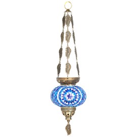 DEMMEX Turkish Moroccan Mosaic Hanging Candle Holder Decorative Lantern with Colorful Mosaic Glass Globe and Metal Leaf Chains, Handmade in Turkey, 24" H, Blue