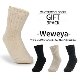 Weweya Wool Crew Socks - Warm Winter Thick Knit Long Socks for Women, Black, Cream, Gray