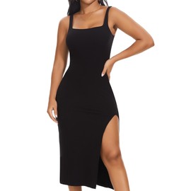 SHAPERIN Shapewear Slip Kleid Damen Bodycon Kleider mit Schlitz Bauchweg Formende Midi Kleid Schwarz L