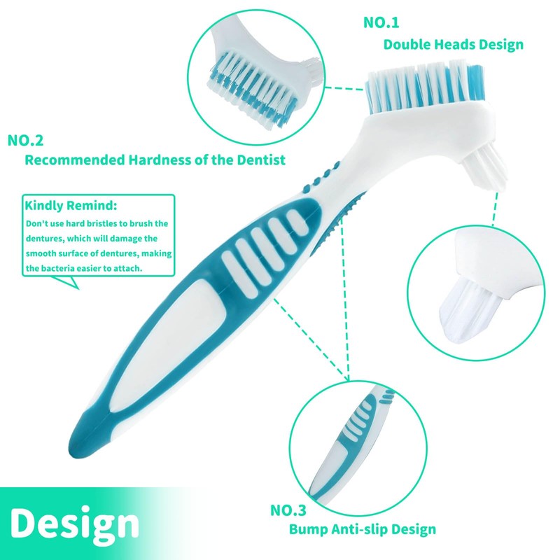 Pack of 4 Double-Sided Denture Cleaning Brushes, Ergonomic Denture Brush