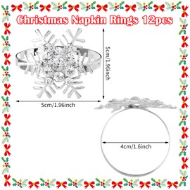 Christmas Napkin Rings, 12 PCS Snowflake Snowflake Silver Napkin Rings Set of 12 Christmas Xmas Table Decoration Napkins Rings for Christmas Lunch Thanksgiving Party Holiday Wedding Table Decoration