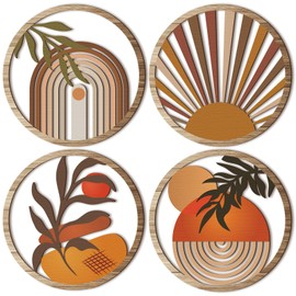 Qunclay 4 Pieces Boho Wall Art Wooden Bohemian Wall Decor Hanging Art Nursery Wall Decor Farmhouse Geometric Hanging Decor 10 Inch Aesthetic Wood Minimalist Wall Art for Apartment Bedroom