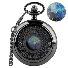 Tiong Van Gogh Starry Night Moon Hollow Black Case Quartz Pocket Watch Roman Numerals Retro Watches Art Souvenir Gift for Men Women
