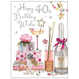 Female 40th Milestone Birthday Card - Age 40 - Champagne and Presents with Foil and Flitter Details - by Jonny Javelin