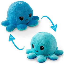 TeeTurtle Reversible Octopus Plushie 4-Inch Angry Light + Dark Blue Two-Sided Flip Plush Toy with Embroidered Details - Cute Mini Collectible Plush for Kids, Teens, and Adults