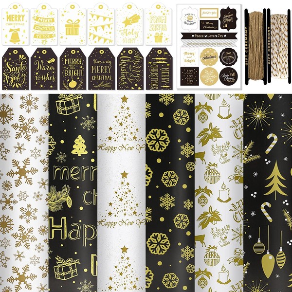 FullJoyHut 6 Black White Gold Christmas Gift Wrapping Paper, 70 x 50 cm, Including 12 Christmas Stickers, 12 Kraft Paper Christmas Gift Tags, 2 Roll Metallic Cotton Lute Ropes Christmas Gift Box