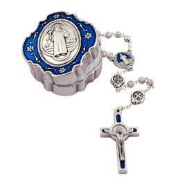 Mini Rosary Gift Set | Colored Enamel Accents | Christian Jewelry (Saint Benedict - Blue Enamel)