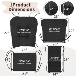 SINOSSO Glider Rocker Cushion Set (5 Pcs), Soft Blended Fabric High-Density Support Foam Seat Cushions with Ties, Fits Rocking Chair/Nursery Glider & Ottoman, Black-Gray