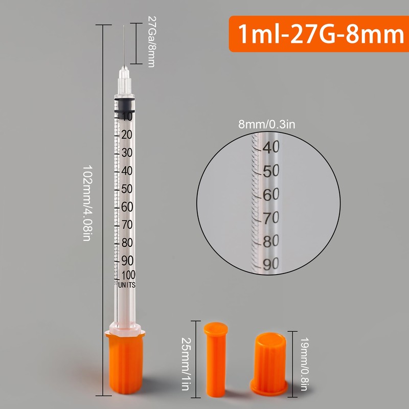 U-100 27G 1cc Syringes with 5/16 Inch-8mm Accurate Measuring for