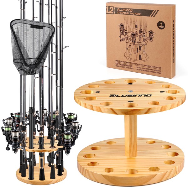 PLUSINNO V12 Fishing Rod Holders for Garage, Vertical Fishing Pole Holders Wooden Round Floor Stand, Fishing Rod Rack Holds up to 12 Rods or Fishing Nets Storage Organizer Racks, Fishing Gifts for Men