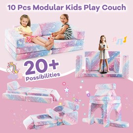 Costzon 10 Pcs Modular Kids Play Couch, Toddler Sectional Sofa Chair Glow in The Dark, Convertible Baby Sofa & Floor Cushion, Bedroom & Playroom Furniture for Building Fort Gift for Boys Girls 3+
