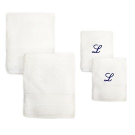Pretty Monogrammed 2 Piece White Cotton Turkish Bath Towel & Hand Towel Set with Embroidered Blue Script L | Soft Terry Finish Extra Absorbent Quick Dry Plush Extra Absorbent Thick Durable Soft