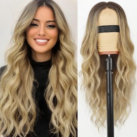 Blonde Wig for Women 4X1 Lace Hairline Ombre Blonde Wig Long Middle Part Wigs with Dark Root Synthetic Heat Resistant Natural Hair Wig for Daily Party