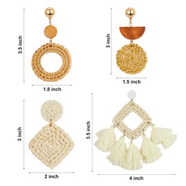 meekoo 4 Pairs Rattan Earrings for Women Beach Essentials Tassel Dangle Boho Straw Earrings (Geometric)