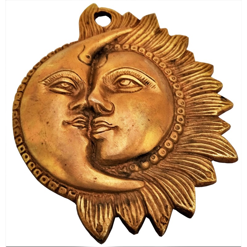 Purpledip Brass Wall Hanging 'Celestial Yin-Yang': Sun-Moon Decor Statue (11561)