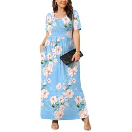 BISHUIGE Plus Size Maxi Dresses for Women Summer Casual Short Sleeve Long Dress with Pockets XL-6XL XX-Large, Fl Light Blue