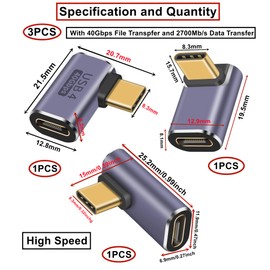 HUAZIZ 3 Pieces USB C 90 Degree Adapter Angle Plug 3 Types, USB C Male to Female Angle Adapter L Shape 90 Degree Type C Adapter